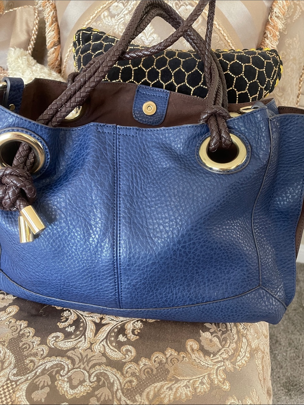 Blue Leather Tote Bag with Braided Handles